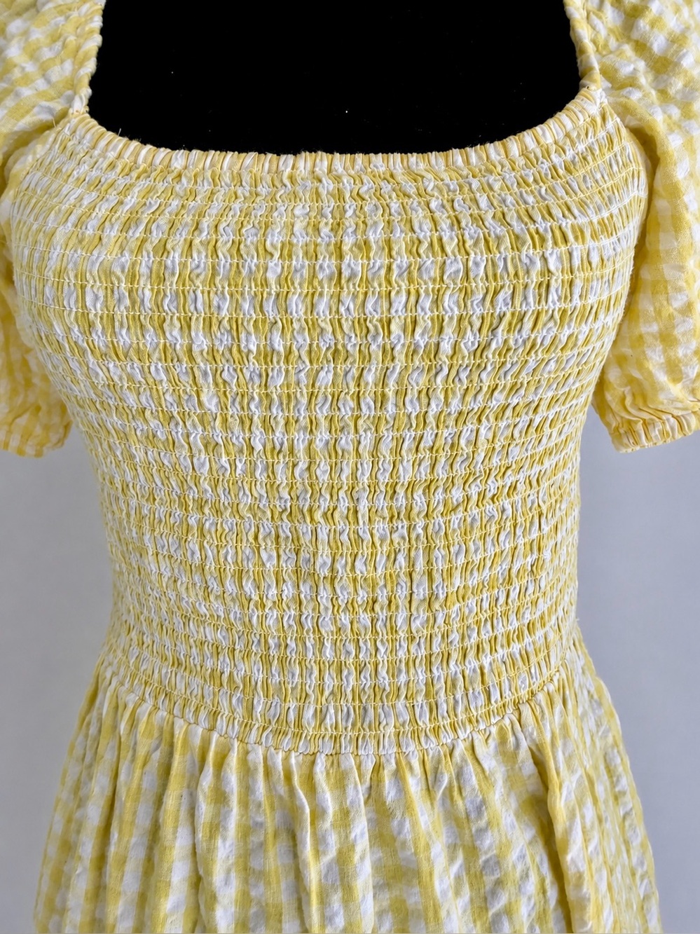 NWT Yellow Gingham Smocked Midi Dress Puff Sleeve Cottagecore Resort Vacation M - Picture 10 of 17